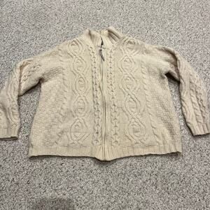 Arancrafts Merino Wool Cable Knit Full Zip Sweater Sz M Womens Cream Classic